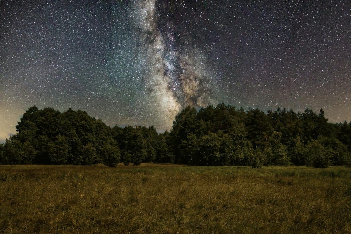 Milky Way galaxy over a peaceful meadow and forest